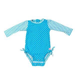 Ruffle Butts Rash Body Swimsuit Sz 18-24 mo Blue White Polka Dots
